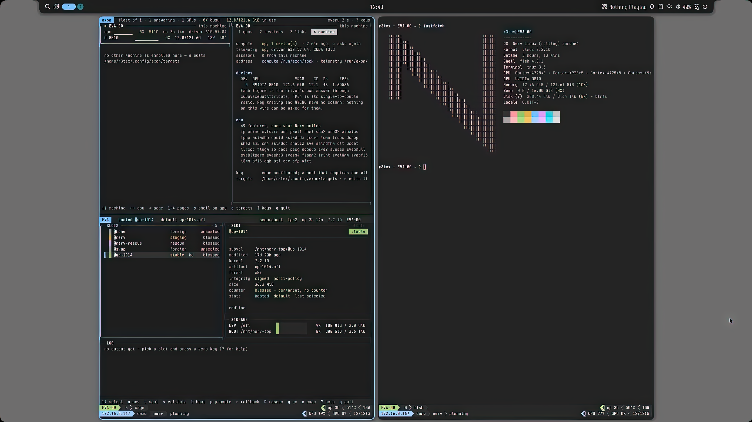 The Nerv desktop: axon and cage dashboards beside fastfetch